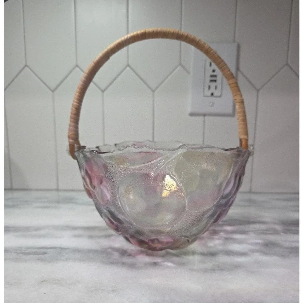 Home Interiors Multicolor Garden Themed Glass Basket Vintage Rattan Handle Decor